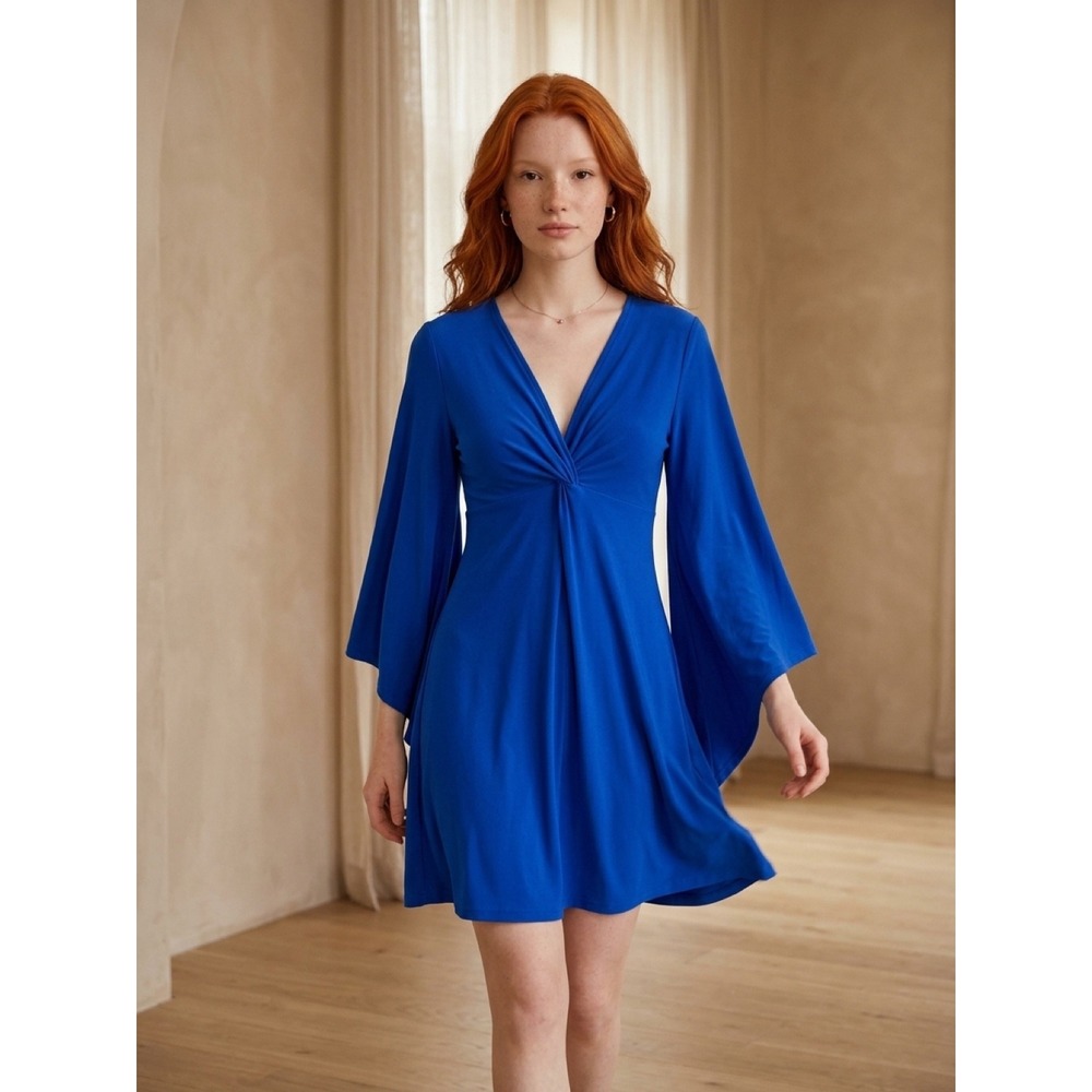 Ashley Stewart Royal Blue Angel Sleeve Twist Front Tunic Blouse Top Size 12